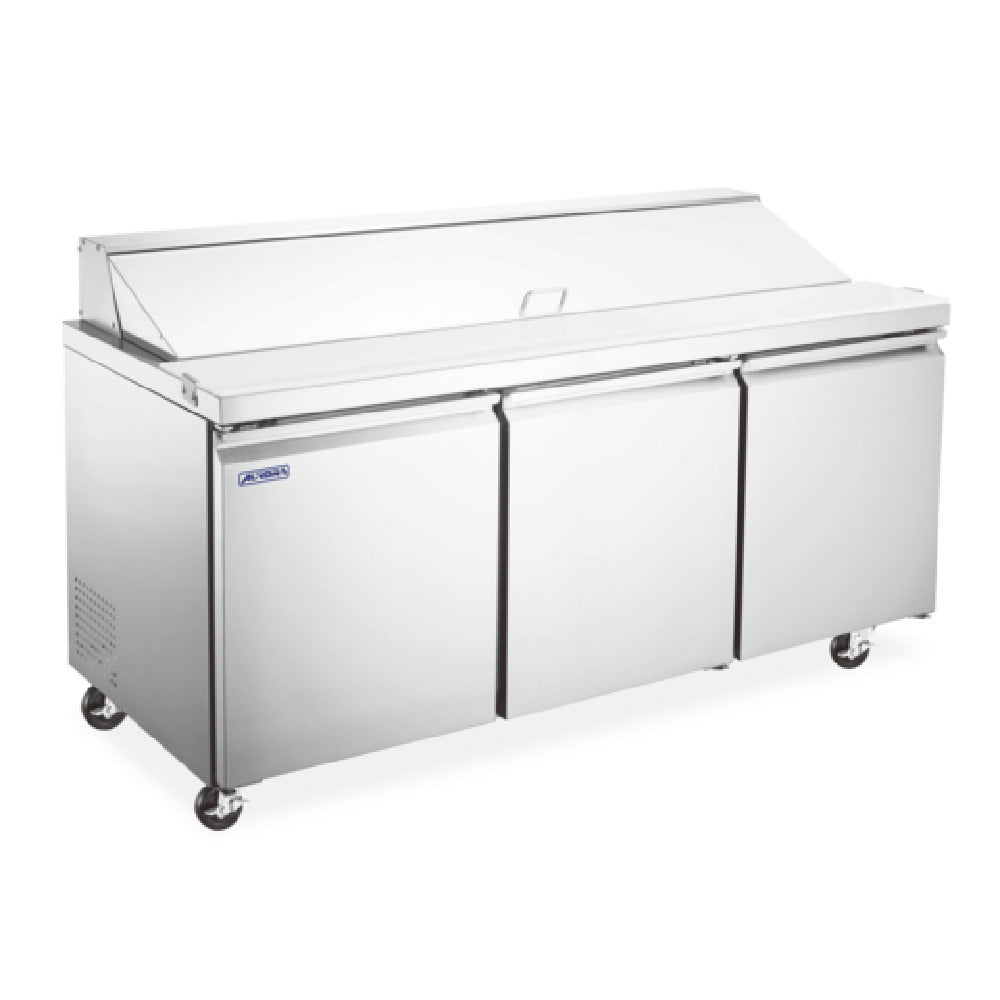Omcan 59048 70 Inch Three Section Refrigerated Prep Table Stainless Steel with 15.5 cu.ft.