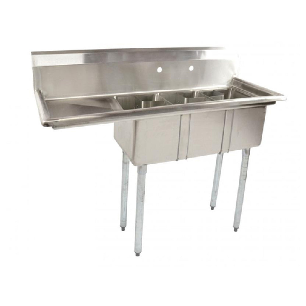 Omcan 39762 48 Inch Space Saver Sink Three Compartment Stainless Steel with Left Drain Board