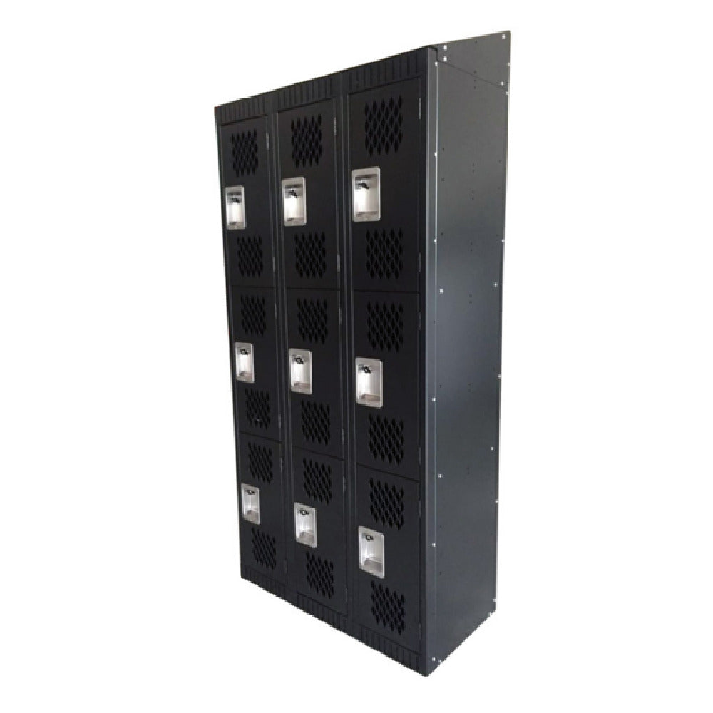 Omcan 43048 36 Inch 3 Tier Locker Floor Mounted Black Painted Steel with Mesh Doors