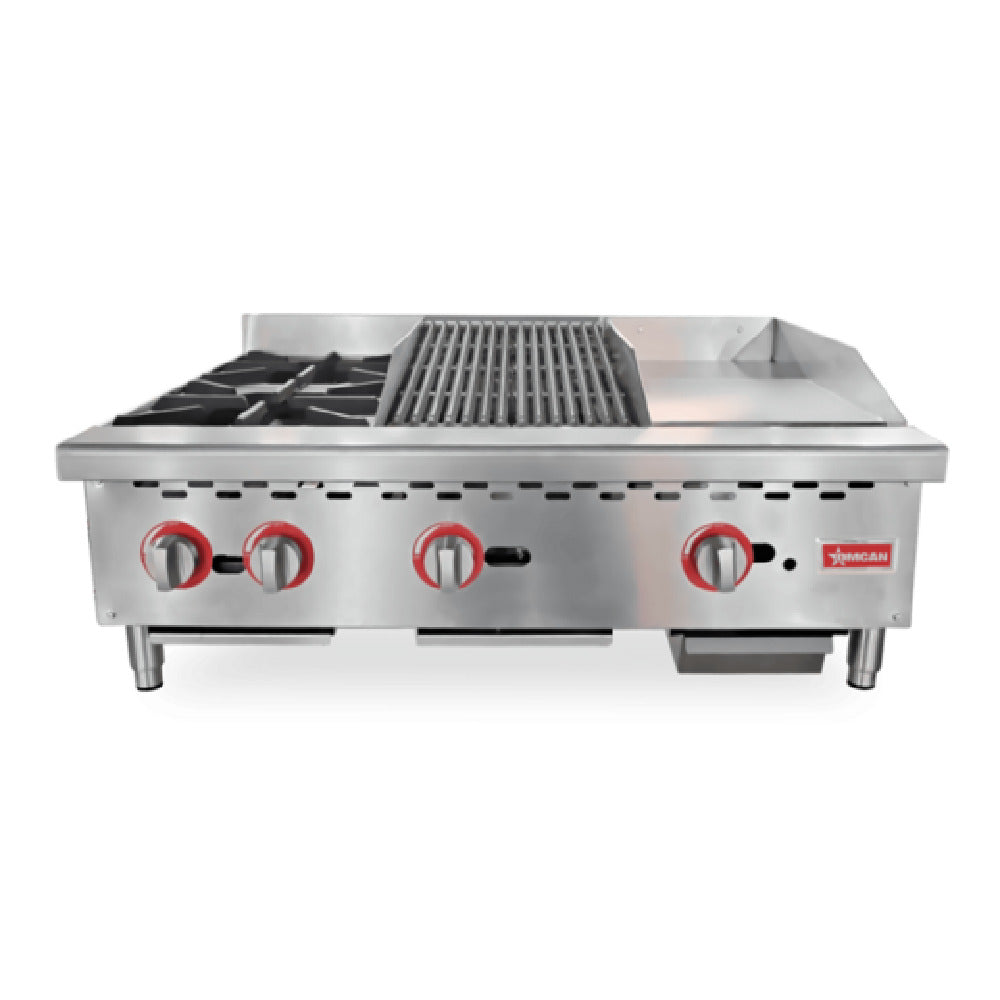 Omcan 48086 36 Inch Gas Hotplate/Griddle/Char-Broiler Countertop with 2 Burners 50000 BTU