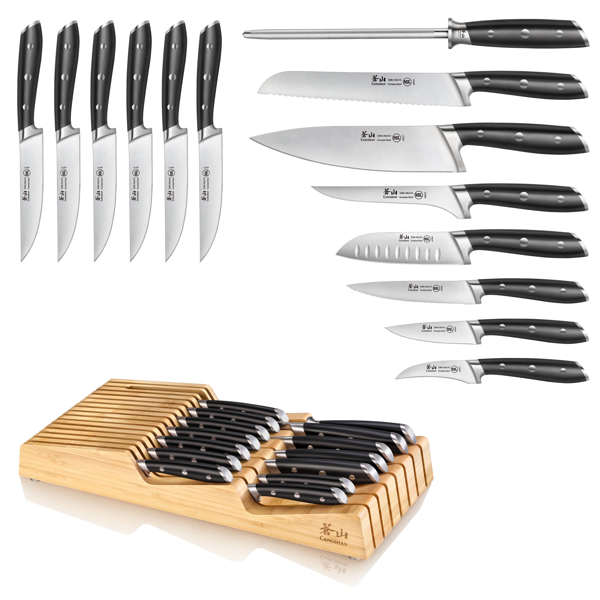 Cangshan 502810 ALPS Series 15-Piece In-Drawer Knife Set with Bamboo Tray - Black