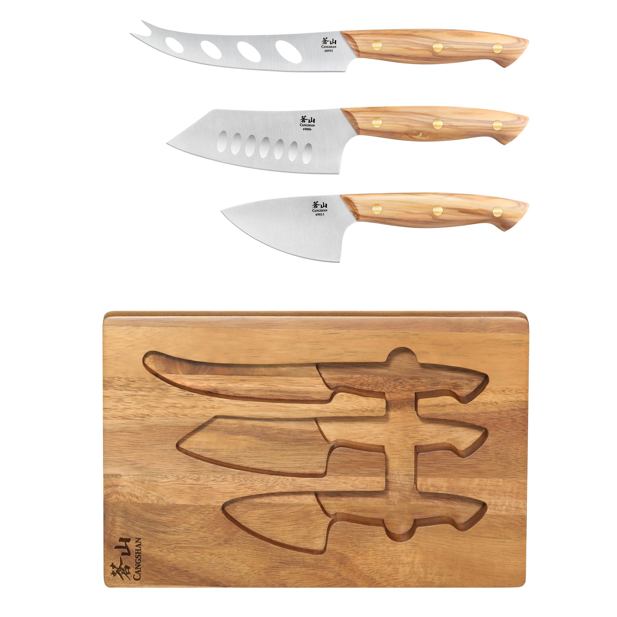 Cangshan 1027327 3-Piece Olive Wood Cheese Knife Set with Acacia Cheese Board
