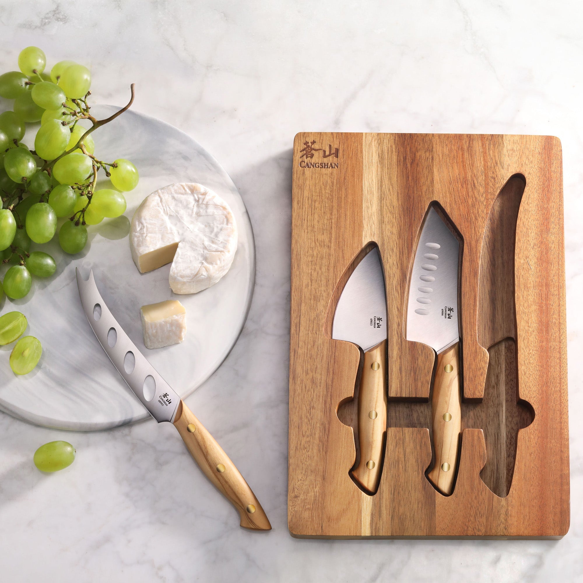 Cangshan 1027327 3-Piece Olive Wood Cheese Knife Set with Acacia Cheese Board