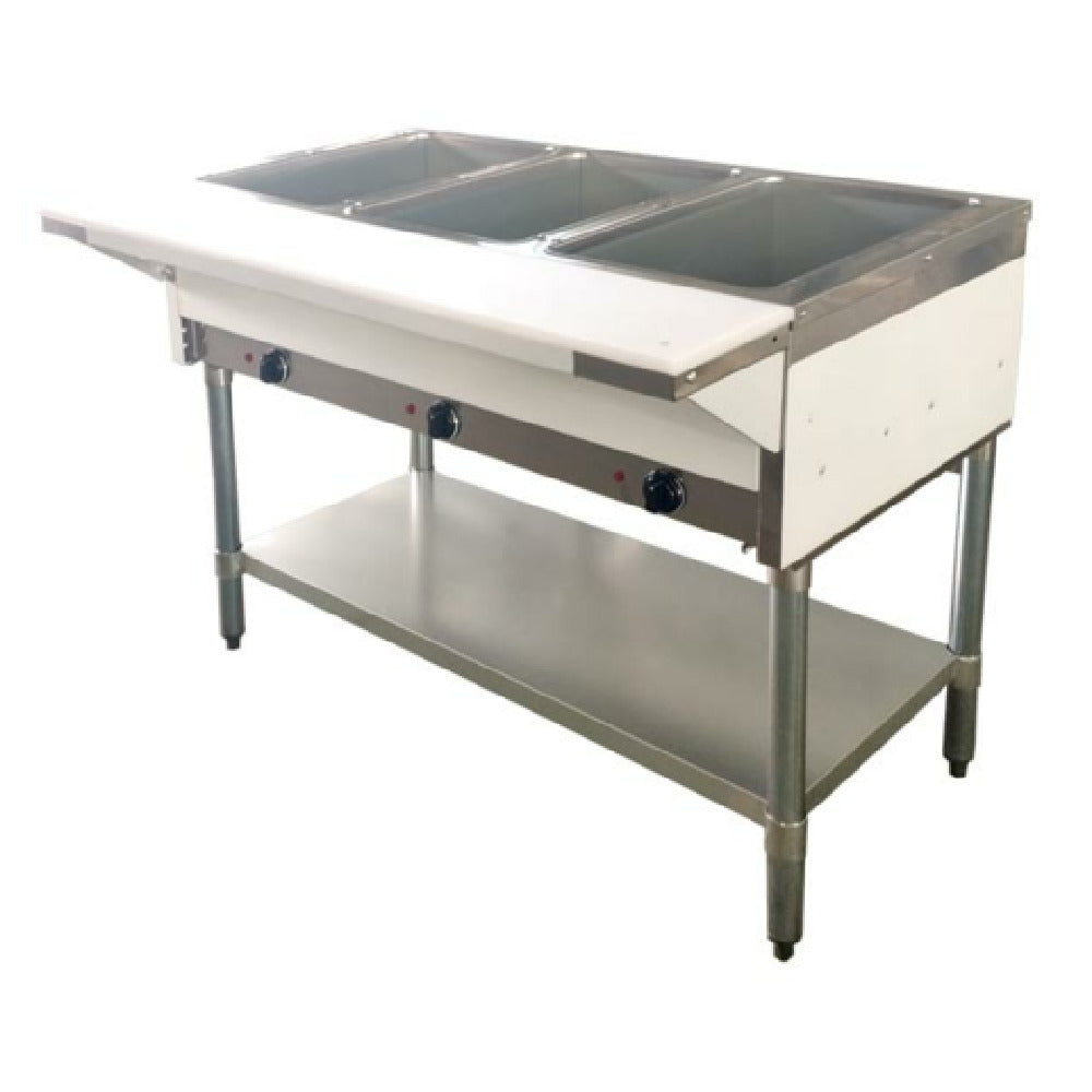 Omcan 47363 44 Inch Gas Steam Table with Cutting Board and Undershelf 10500 BTU