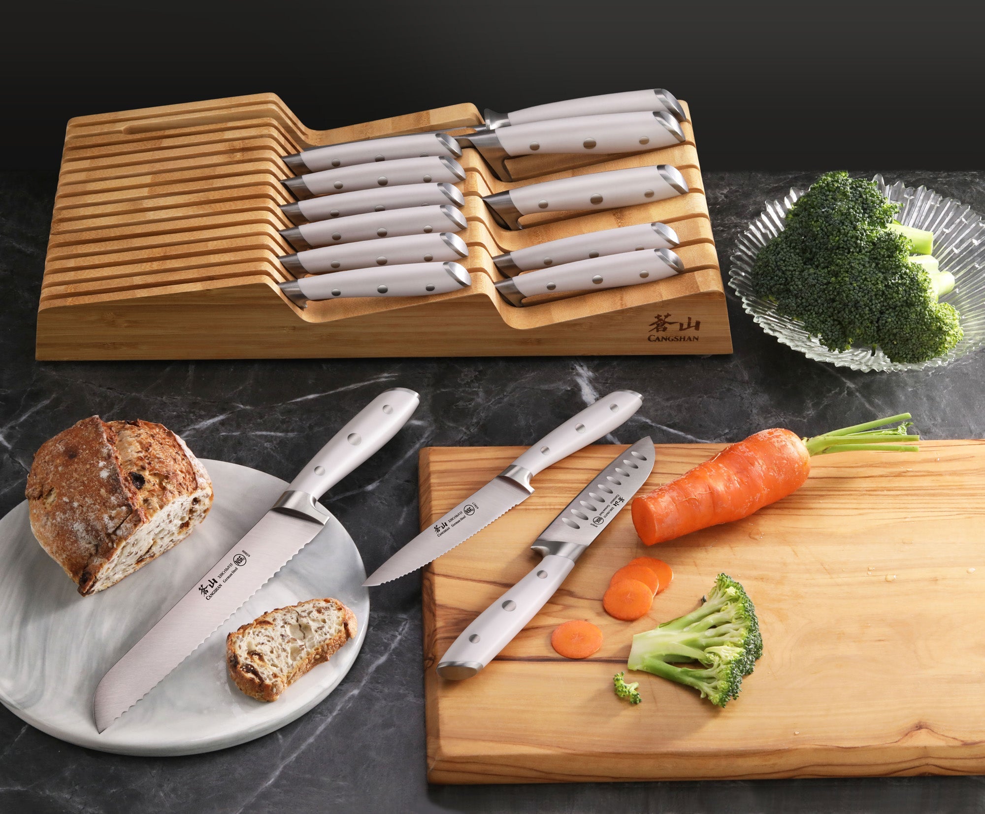 Cangshan 502810 ALPS Series 15-Piece In-Drawer Knife Set with Bamboo Tray - Black