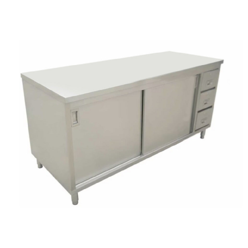 Omcan 44196 60 Inch Stainless Steel Work Table Cabinet Base with Sliding Doors and 3 Drawers