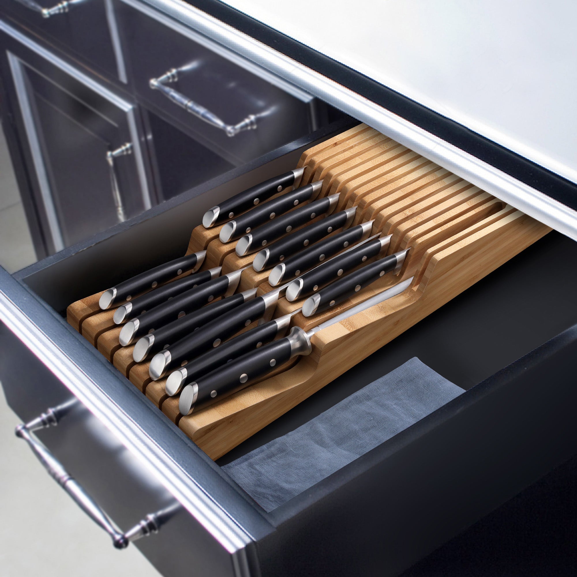 Cangshan 502810 ALPS Series 15-Piece In-Drawer Knife Set with Bamboo Tray - Black