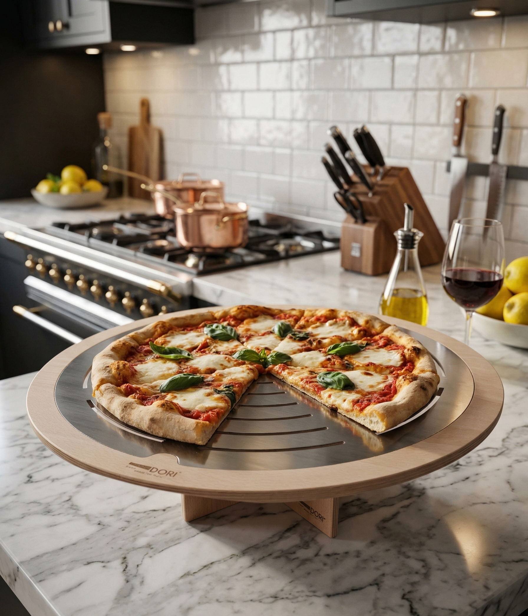 Linea Dori 3000 srl STEELWOOD-UFO-S Round pizza serving board with beech plywood structure and stainless steel perforated surface