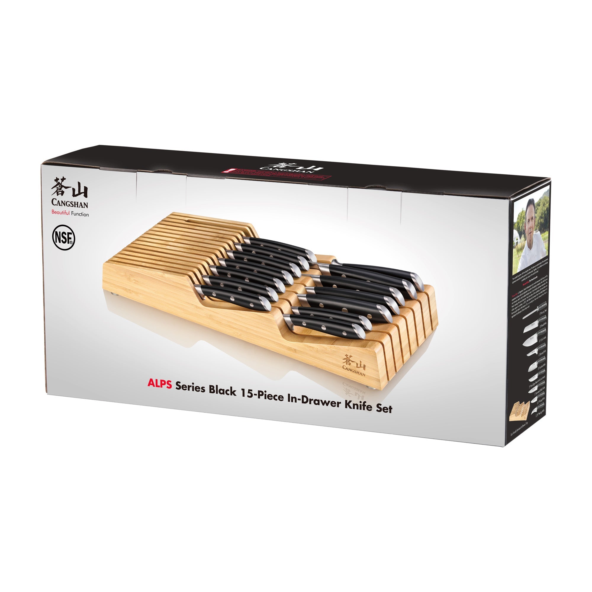 Cangshan 502810 ALPS Series 15-Piece In-Drawer Knife Set with Bamboo Tray - Black