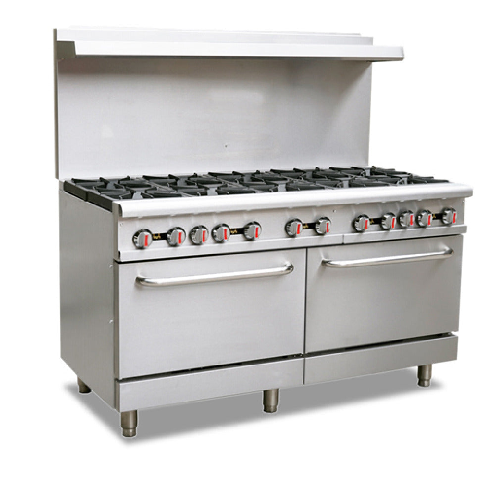 Omcan 46127 60 Inch Gas Range with 10 Burners and 2 Ovens 362000 BTU