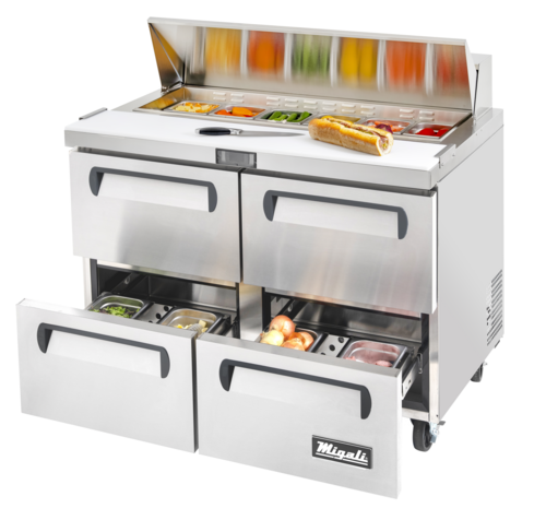 Migali C-PP67-D-HC 67" Two Section Refrigerated Pizza Prep Table w/ 4 Drawers, 12 cu. ft.