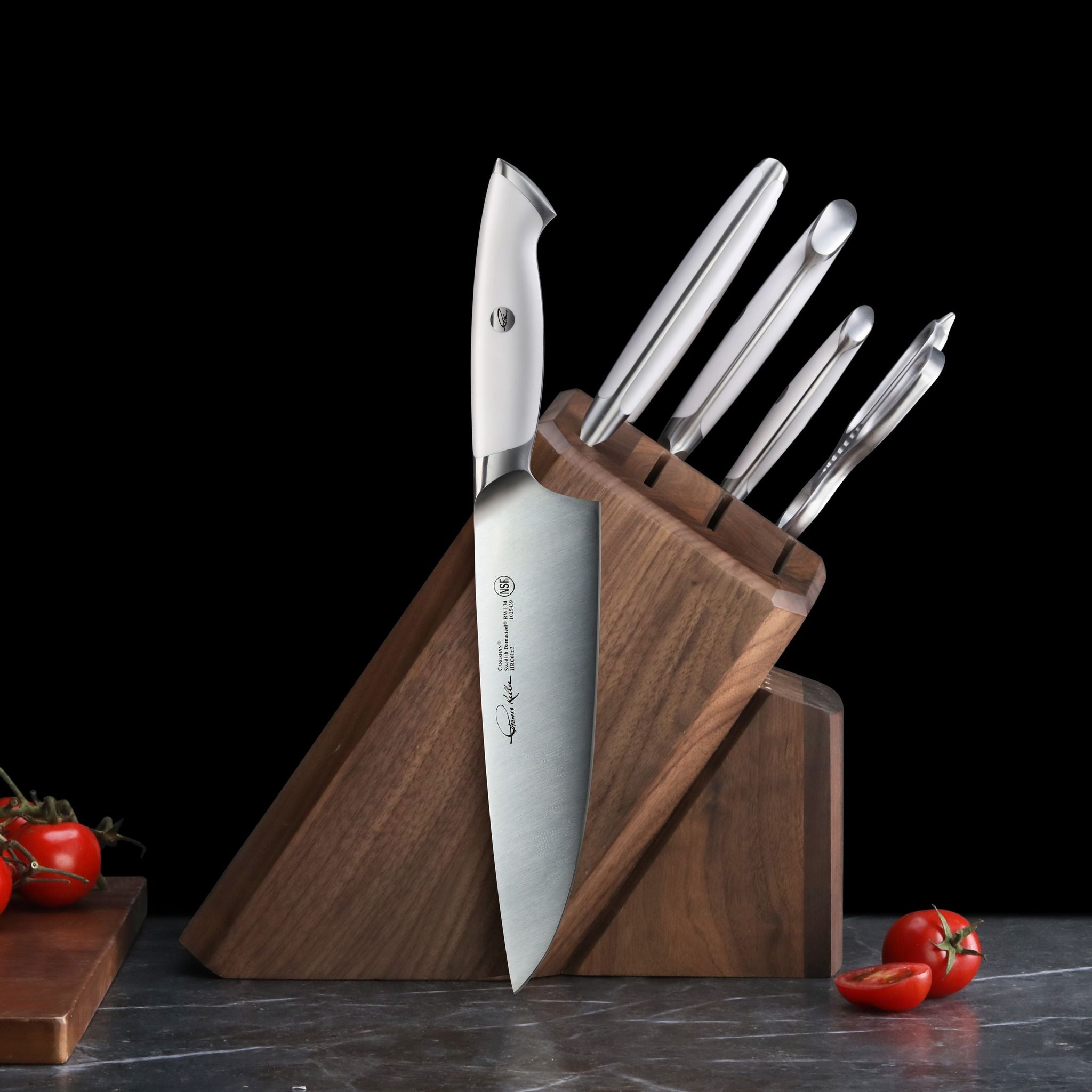 Cangshan 1025583 TKSC 7-Piece Knife Block Set with 8 Spare Slots - White