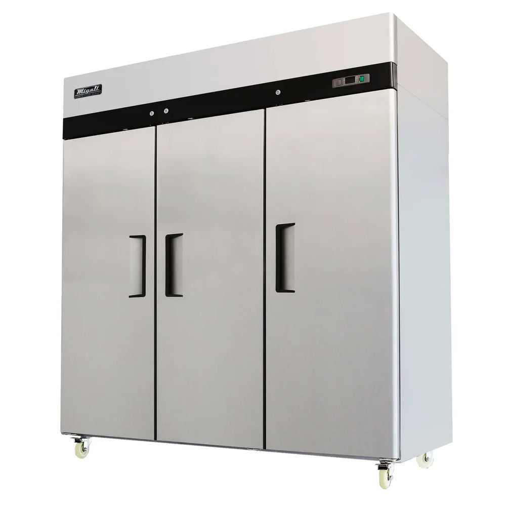 Migali C-3F-HC 77.8" 3-Solid Door Reach-In Freezer, Top Mounted, 65 cu. ft., Stainless Steel