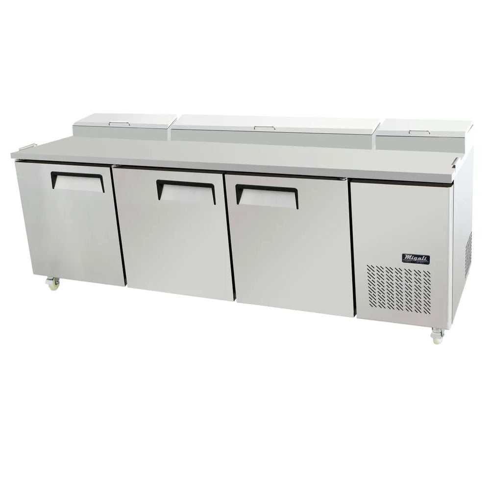 Migali C-PP93-HC 93" Three Section Refrigerated Pizza Prep Table w/ 3 Doors, (12) 1/3 Size Pans