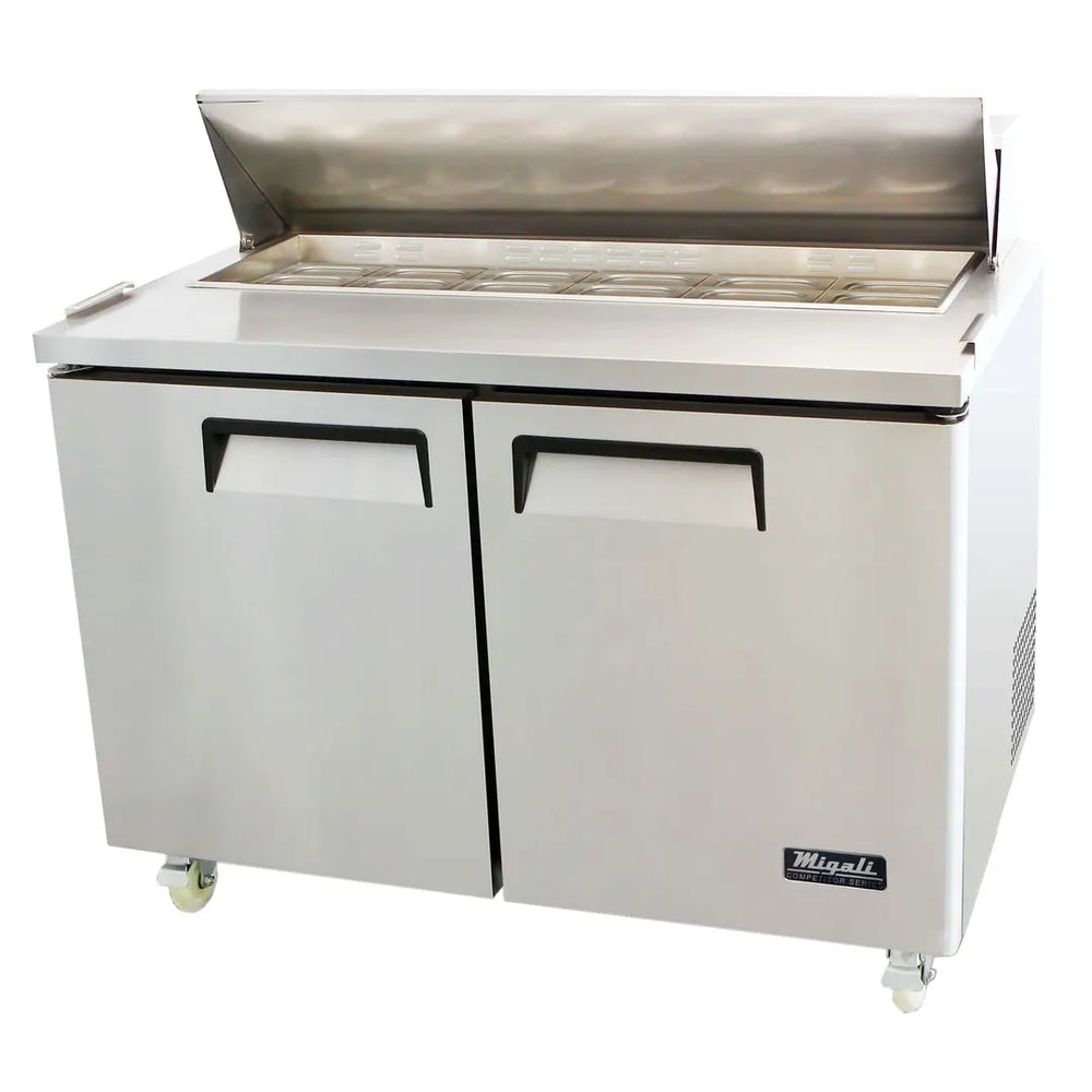 Migali C-SP48-12-HC 48" Two Section Sandwich/Salad Prep Table w/ 2 Doors, 12 Pans