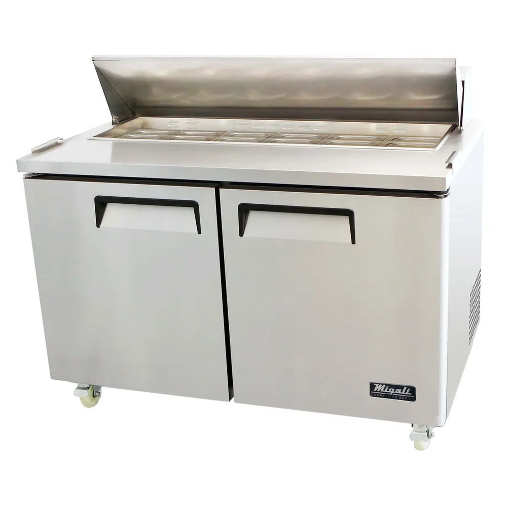 Migali C-SP60-16-HC 60" Two Section Sandwich/Salad Prep Table w/ 2 Doors, 16 Pans