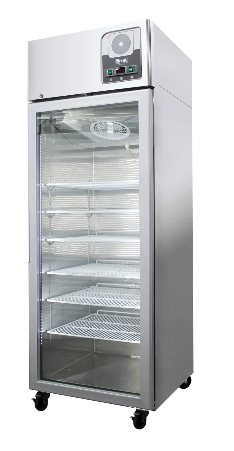 Migali G-1RG-HC Glass Refrigerator, 21.4 cu ft, SS Auto‑Defrost, 6 Shelves, 4 Casters, R290, 115V