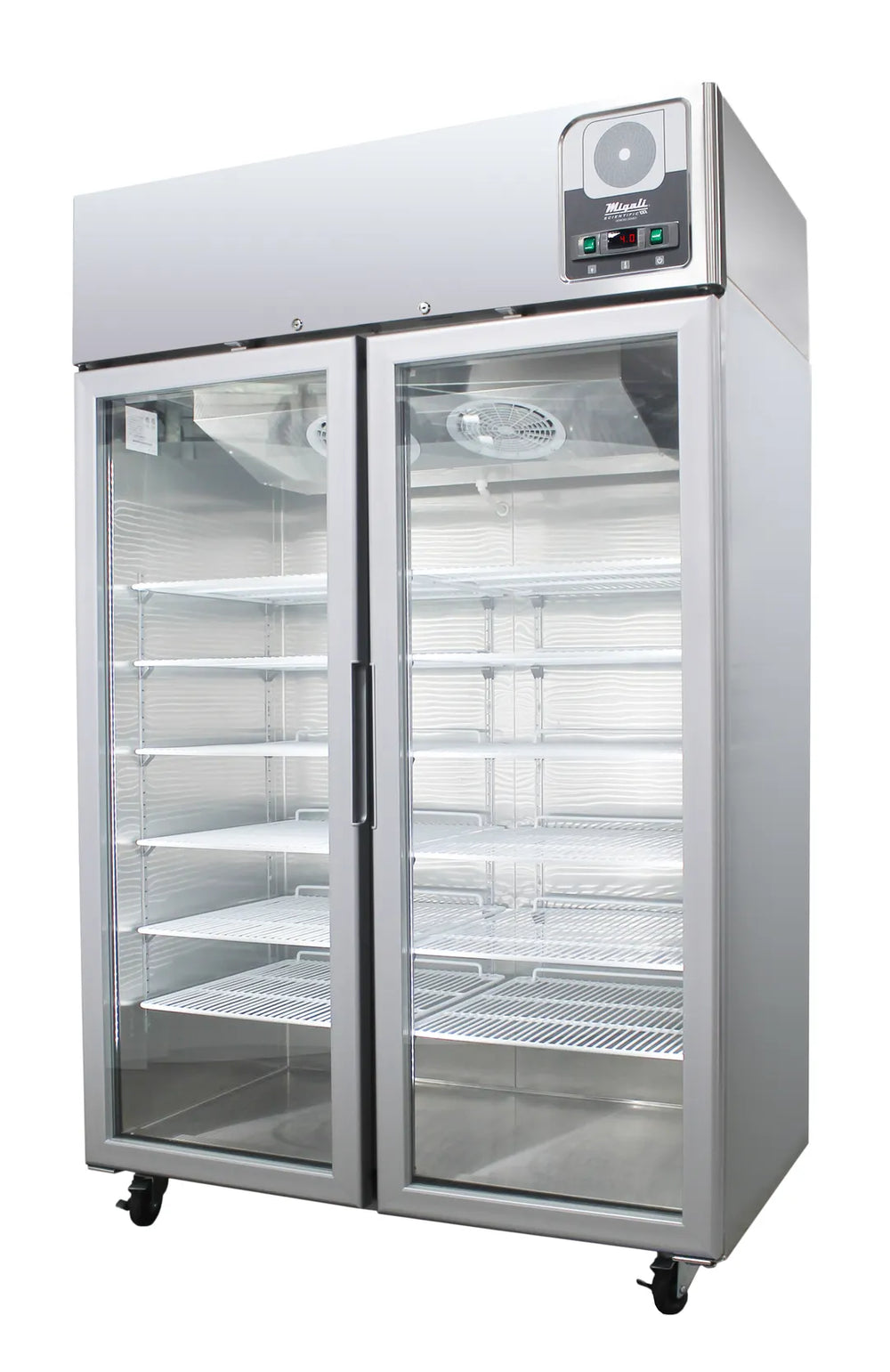 Migali G-2RG-HC 51" Glass Door Medical Refrigerator, 44.9 Cu Ft, R290, 10 Shelves, 4 Casters, 115V