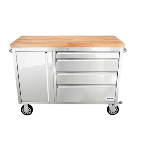 Omcan 48592 48 Inch Work Bench Mobile with Rubberized Wood Top and Drawers