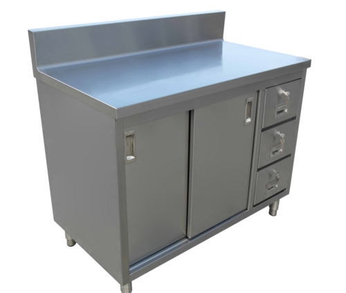 Omcan 43483 48 Inch Stainless Steel Work Table Cabinet Base with Sliding Doors and 3 Drawers