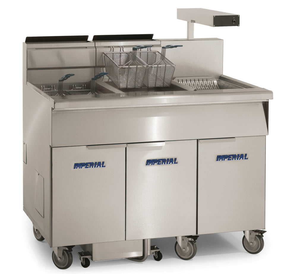 Imperial IFSCB675C - Fryer, gas, floor model, (6) battery, 75 lb. capacity each, built-in filter system, 5.5 GPM roller