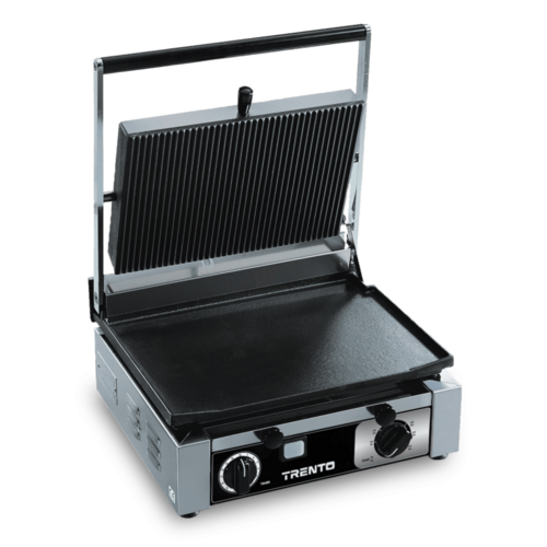 Omcan 48603 15 Inch Ribbed Top Smooth Bottom Electric Panini Grill Cast Iron