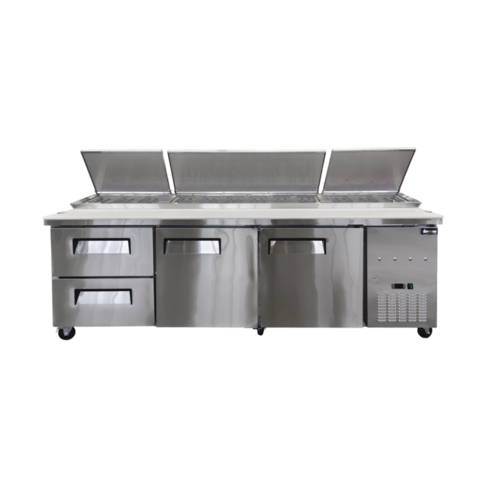 Omcan 49299 (PT-CN-2400-2D) Refrigerated Pizza Prep Table Three-section Side Mount Self-contained Refrigeration