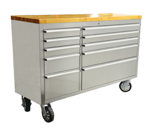 Omcan 40463 Mobile Work Bench 55 Inch Rubberwood Top 10 Drawers Stainless Steel