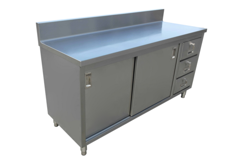 Omcan 43484 60 Inch Work Table Stainless Steel Cabinet Base with Sliding Doors and 3 Drawers