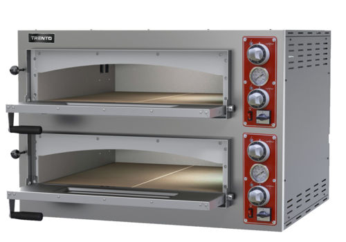 Horno eléctrico para pizza Omcan 40636 de 39 pulgadas, tipo piso, doble cámara, acero inoxidable con termostatos mecánicos.