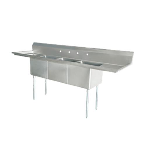 Omcan 25273 90 Inch Pot Sink Three Compartment 21 Inch Front To Back 18 Inch Wide 14 Inch Deep Bowls Stainless Steel with Left and Right Drainboards