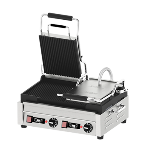 Omcan 42914 18 Inch Double Panini Grill Grooved Cast Iron Plates with Timer