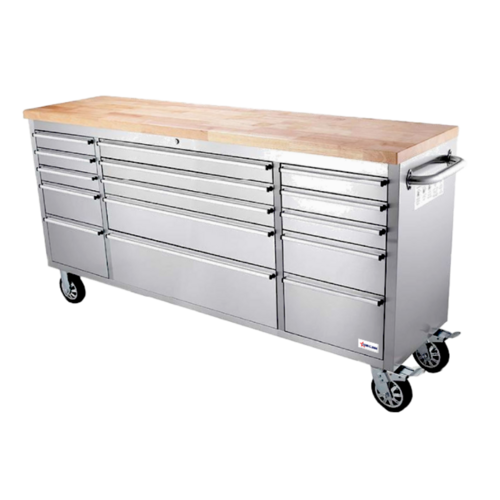 Omcan 48593 72 Inch Work Bench Mobile Stainless Steel Rubberized Wood Top with 15 Drawers