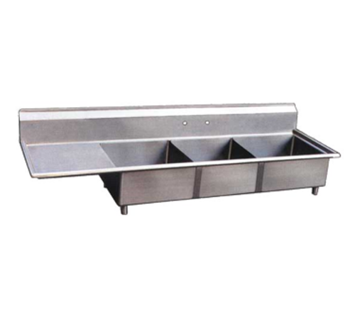 Omcan 22115 75 Inch Pot Sink 3 Bowl 18 Inch 18 Gauge Stainless Steel with Left Drainboard
