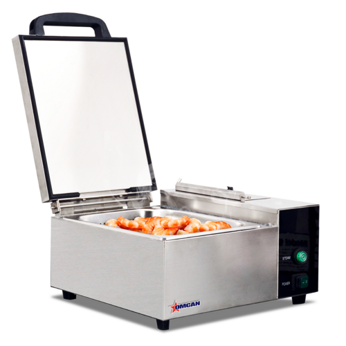 Omcan 44407 16 Inch Electric Steamer Stainless Steel Half Size 3 Quart with Push Button