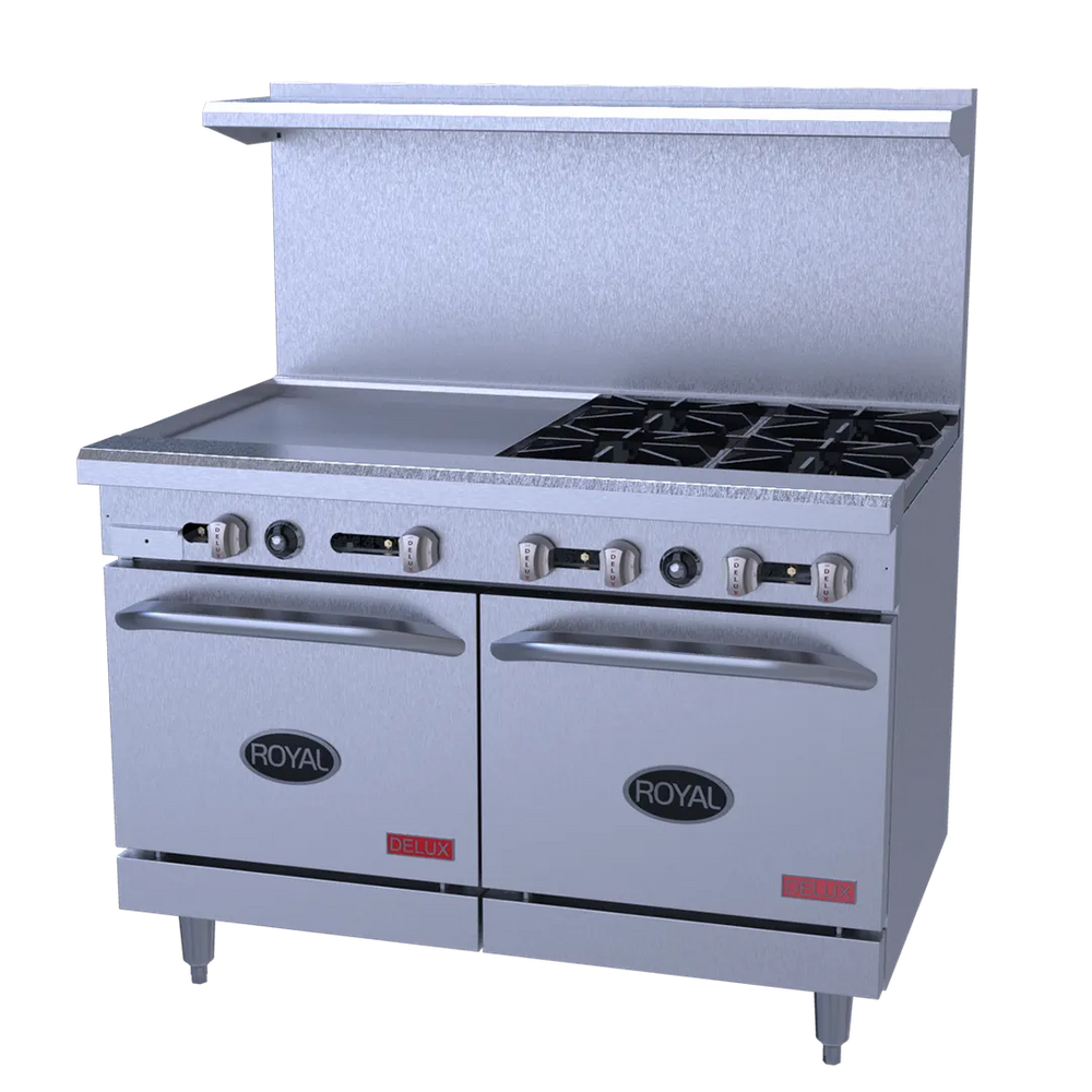 Royal Range RDR-2G36 48" Gas Restaurant Range w/ (2) Open Burners, 36" Griddle, (2) Space Saver Ovens, 174.000 BTU