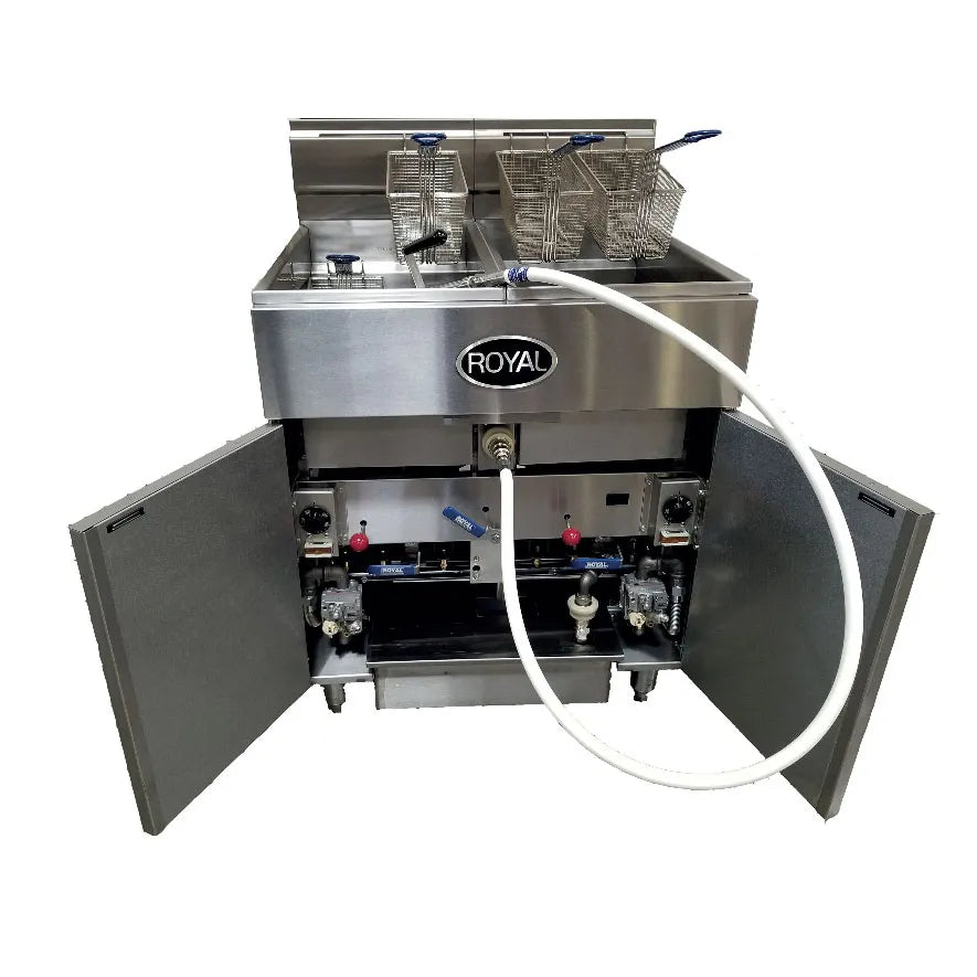 Royal Range RFT-50-3-DM2 Multi-Battery Gas Fryer w/ (3) 50-lb Vats, Built-In Filtration