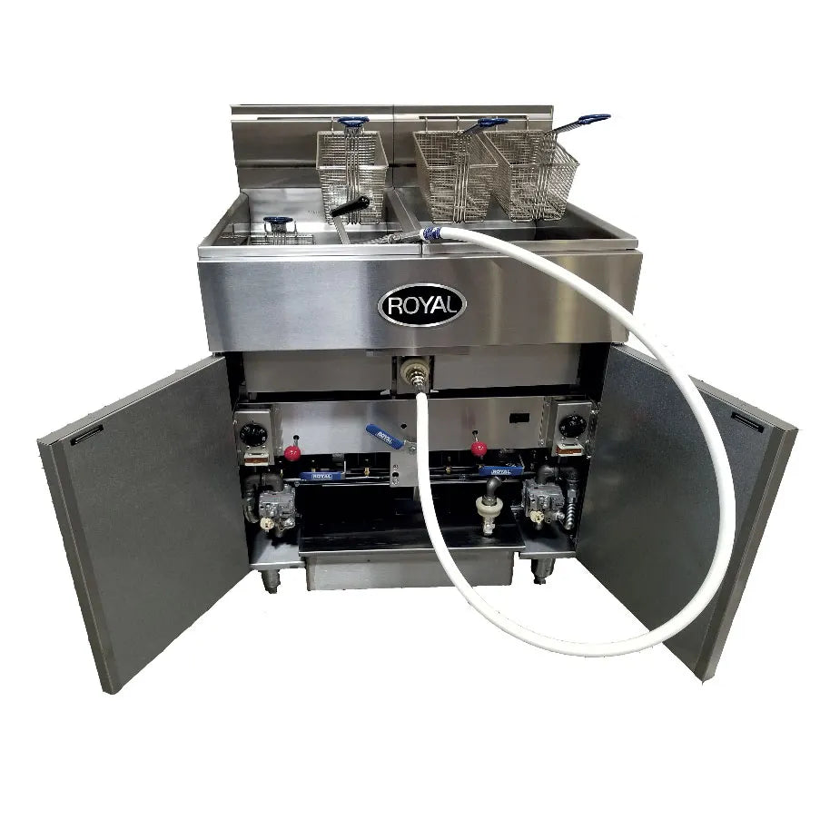 Royal Range RFT-75-2-EM Multi-Battery Gas Fryer w/ (2) 75-lb Vats, Built-In Filter