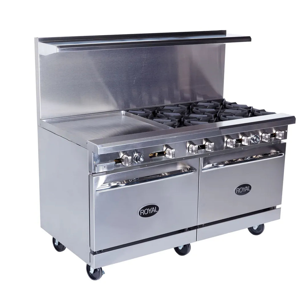 Royal Range RR-6G12-126C 48" Gas Restaurant Range w/ (6) Open Burners, 12" Griddle, (1) Convection Oven, (1) Open Cabinet Base, 230.000 BTU
