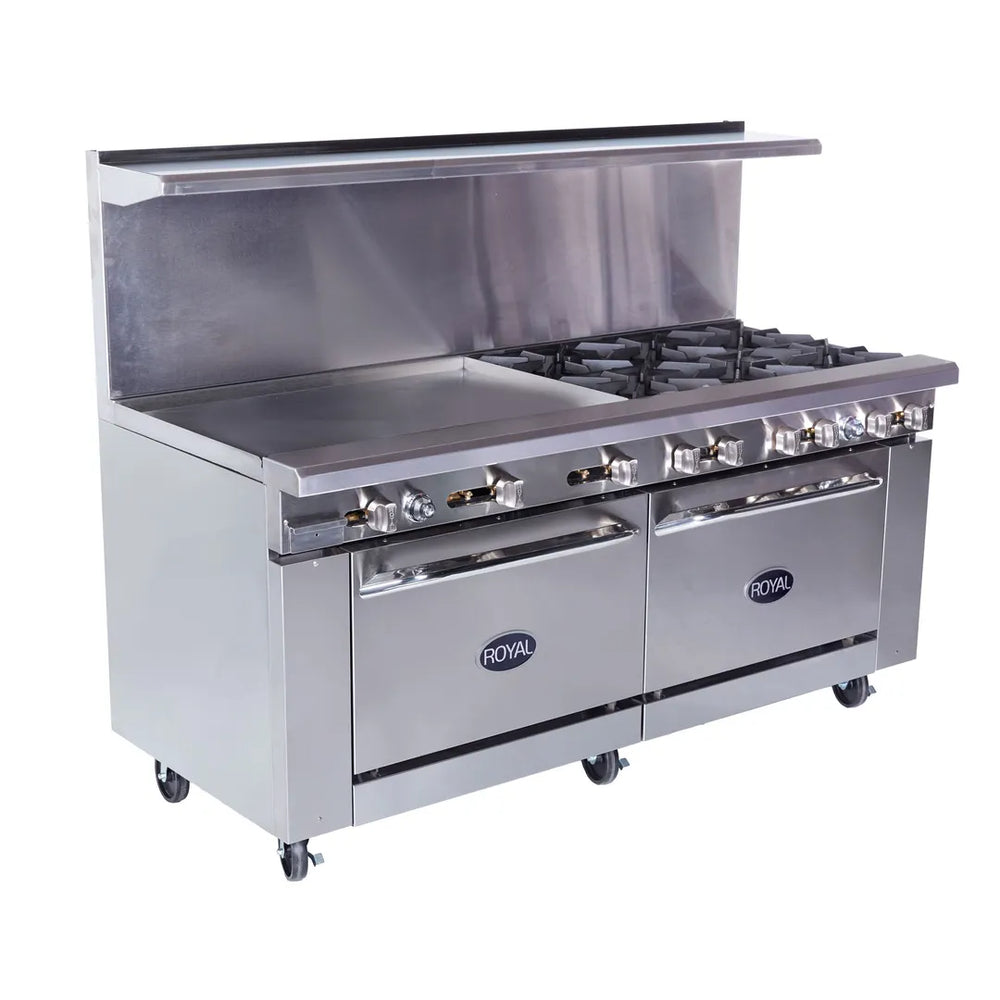 Royal Range RR-6G36-CC 72" Gas Restaurant Range w/ (6) Open Burners, 36" Griddle, (2) Convection Ovens, 300.000 BTU